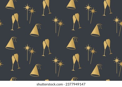 New Year's Eve, party golden seamless pattern with champagne glasses, party hat and sparklers- vector illustration