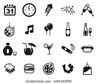 New Years Eve Or New Years Party Icons Black & White Set Big