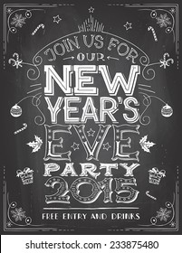 New Year's Eve party invitation. Hand-lettering on blackboard background with chalk