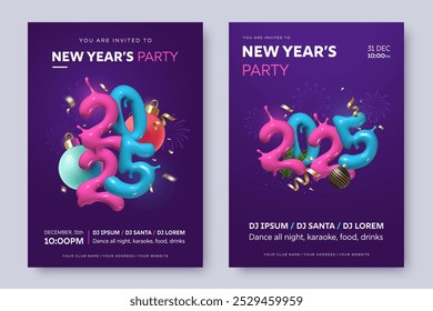 New Year's Eve party invitation poster with colorful 3D numbers 2025 surrounded by Christmas tree decorations and falling confetti. A4 flyer with creative illustration and space for text.