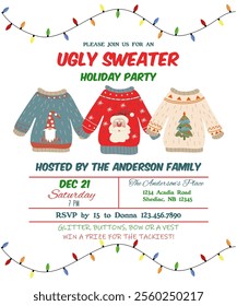 New year's Eve party invitation ugly sweater. Invitation with text. Vector illustration