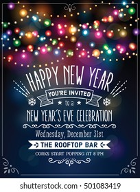 New Year's Eve Party Invitation Over Party Lights Background.   