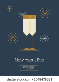 New Year's Eve party poster vector template layout. Seasonal festive event flyer with drinks illustration. Eps10 printable file.