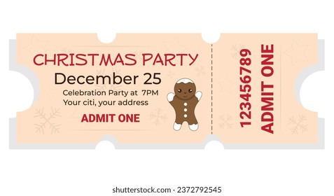 New Year's Eve party ticket template. Ticket design illustration with cartoon gingerbread man