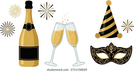 Conjunto de Elementos de Vector de fiesta de Nochevieja Nueva. Champán, máscara, sombrero y accesorios de celebración aislados sobre un fondo blanco