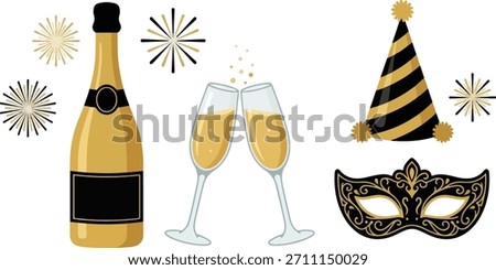 New Year's Eve party vector elements set. Champagne, mask, hat, and celebration props isolated on a white background