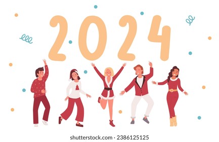 New Year's Eve party with young people in red outfits. The numbers 2024 are next to the dancing happy different people.