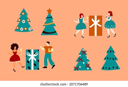 New Year's Eve party.People, women in dresses and a man dancing with glasses of champagne in their hands. Christmas gifts in boxes with bows. Decorated Christmas trees with toys, stars, garlands