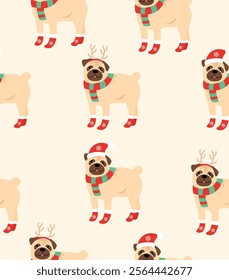 New Year's Eve pattern cute pugs on light pink background.