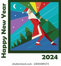 New Year's Eve poster 2024 with Santa Claus carrying a bottle of champagne with rainbow sprinkles. LGBT greeting card. Label, packaging, sticker.