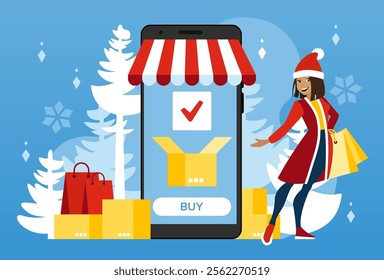 New Year's Eve sale. Black friday. A happy girl shopper dressed in a Santa Claus costume makes purchases using her phone. The phone app