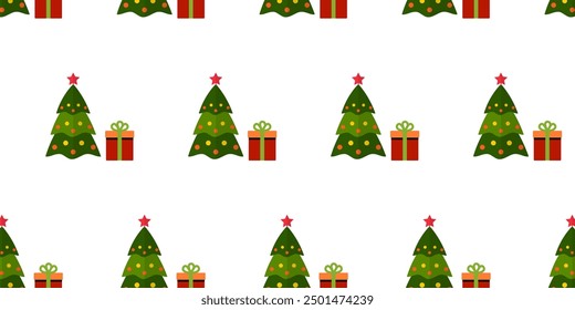 New Year's Eve seamless pattern. Christmas trees with toys and gift boxes on white background. For packaging, cover, fabric design. Vector graphics 