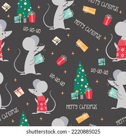 Patrón vectorial sin fisuras de Nochevieja. regalos de la casa de ratones. Árbol de Año Nuevo con regalos. 
