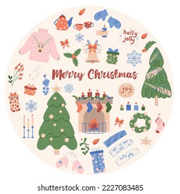 New Year's Eve set of illustrations for a cozy home and decor. Christmas trees, cups, candles, fireplace, sweater, snowflakes, berries. Merry Christmas and Happy New Year. Christmas vector icons 