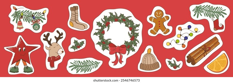 New Year's Eve stickers in a groovy style. Christmas wreath, deer, socks, hat, star, tangerine, garland. Vector illustration.