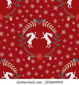 New Year's Eve template with rabbit, holly leaf, spruce branches, poinsettia, snowflakes and berries on red background. New Year template with the symbol of the year - rabbit. Vector image.