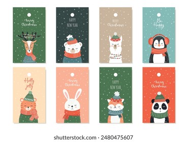 Conjunto de Plantilla de la víspera del año Nuevo para las etiquetas, postales con animales durmientes lindos. Ilustración infantil de animales. Vector