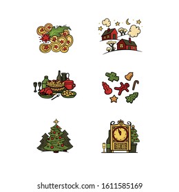 New Years eve. Vector set of christmas symbols for family holiday: clock showing twelve, decorated tree, homemade treats, night landscape and shooting star