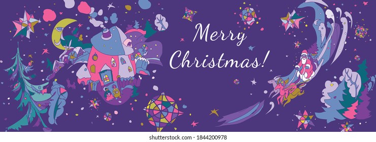 New Year's extravaganza. Santa Claus with gifts at night hurries to us. Christmas banner.