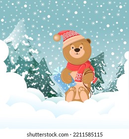 A New Year's, fabulous winter forest with Christmas trees, falling snow, snow drifts and a bear sitting on the snow in a red hat and scarf with a gift. Vector, New Year's children's illustration.