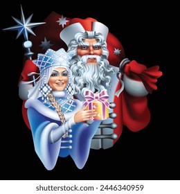 New Year's Father Frost and Snow Maiden Russian folklore characters on a black background