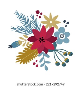 New Years festive bouquet of winter flowers and berries. Vector graphics for the design of postcards, posters, congratulations, for prints on t-shirts, mugs, pillows.