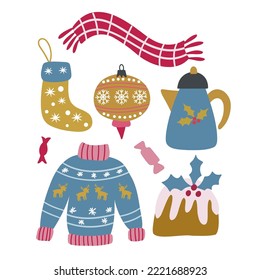 New Years festive composition of set - christmas tree toy, teapot, sock, sweater, scarf. Vector graphics on a white background is ideal for the design of posters, cards, greetings, wallpapers covers.