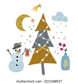 New Years festive composition of set - christmas tree, snowman, cloud, bottle, stars. Vector graphics on a white background is ideal for the design of posters, cards, greetings, wallpapers covers.