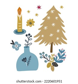 New Years festive composition of winter set - christmas tree, vase, candle, flower leaf . Vector graphics on a white background is ideal for the design of posters, cards, greetings, wallpapers covers.