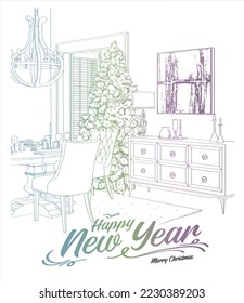 New Year's festive interior. Christmas. Christmas tree. Cozy home for a holiday weekend. Happy New Year and Merry Christmas.