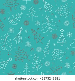 New Year's fir . Set of Christmas trees and snowflakes in doodle style. Icons. New Year vector illustration. Seamless background. For decoration of gift wrapping, textiles, wallpaper.