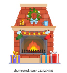 New Years fireplace with gifts. Decoration for greeting cards, posters, patches, prints for clothes, emblems. Modern flat style thin line vector illustration isolated on white background.