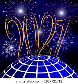 New year's fireworks in 2021. Vector illustration of the globe on a blue background with bright flashes of fireworks.