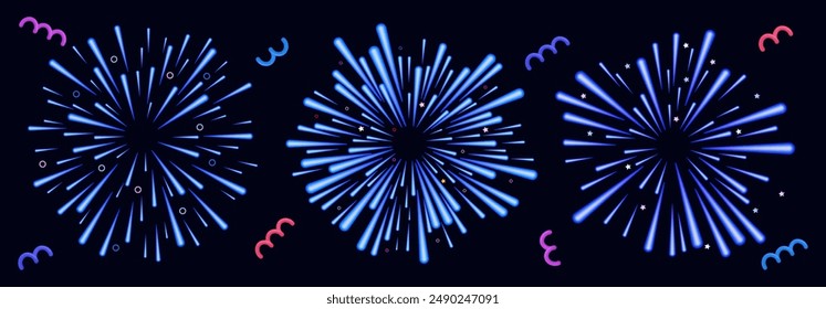 New Year's fireworks, carnival. Christmas firecracker. Sparks from the night festive fireworks. Flashes of light, popper, confetti. Bright New Year's lights pyrotechnics. Explosive wave, blue flash 3d