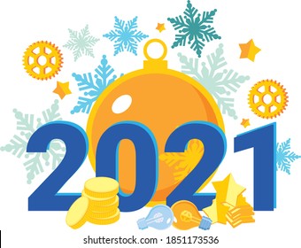 New year's flat illustration. 2021. Big yellow Christmas toy. Snowflakes, gears, stars and coins. Business illustration.