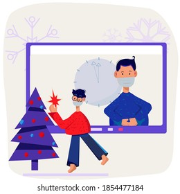 New year's flat illustration with masked men. TV with new year's news. the clock is ticking. Coronovirus 2021