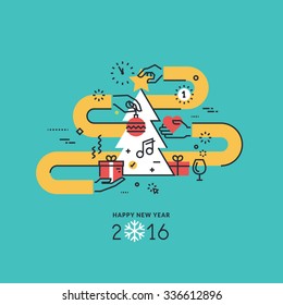 New Year's flat line design concept for greeting card, website banner and marketing material.