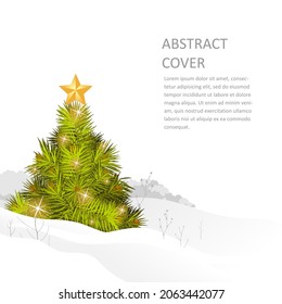 New Year's fluffy green Christmas tree with sparkling lights and a star on the background of a winter snowy landscape. Merry Christmas and Happy New Year! Vector illustration.