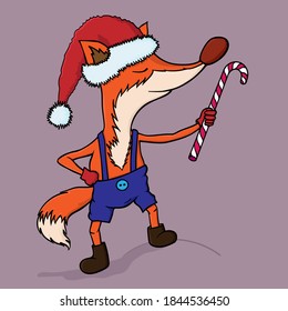 New Year's fox in a hat and shorts and caramel in hand