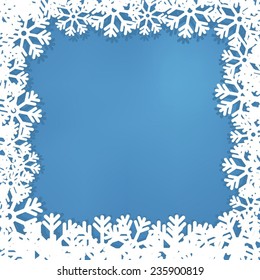 New Year's frame from snowflakes, on a blue background.