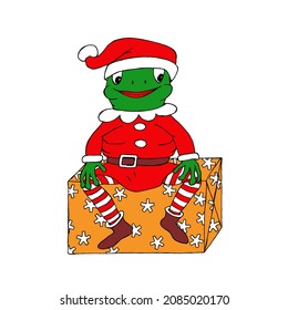 New Year's frog sits on a gift. Vector illustration.