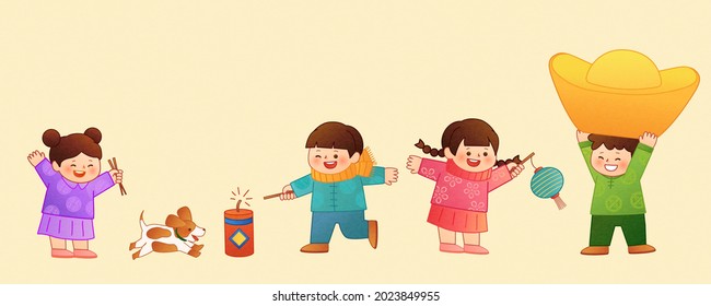 New Year's fun for Asian kids. Children in traditional costumes happily celebrating CNY with different activities as holiday celebrations on yellow background