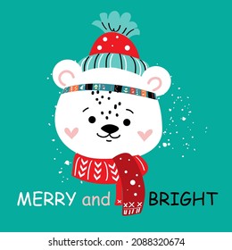 New Year's funny polar bear and the inscription Merry and Bright. Vector illustration of doodle style for kids