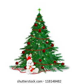 New year's fur-tree with the hare. Illustration from the tree and the hare. Spruce and the hare.