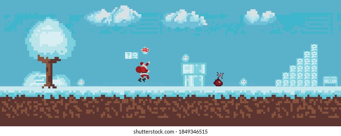 New Year's game with Santa Claus. Pixel game in 90s style