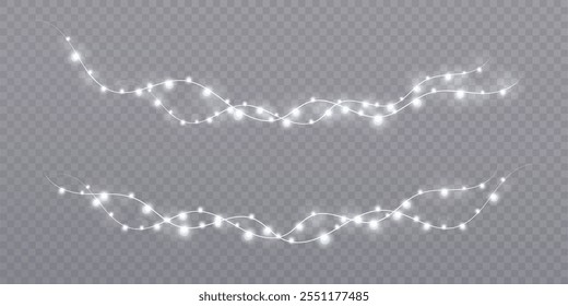 New Year's garland of bright white lights, bulbs on a wire with backlighting isolated on a transparent background. For New Year's and holiday decoration.