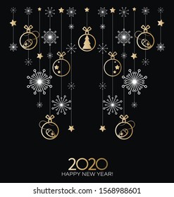 New Year's garland. Gold sparkling 2020, toys, snowflakes and mice. Chinese symbol of the year. Stylish golden computer mouse for web and print. Minimalistic mouse symbol.