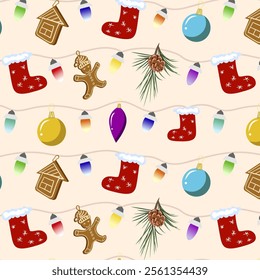 New Year's garland in a pattern.Vector seamless pattern with New Year garland, gingerbread and Christmas tree balls.