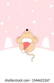 New Year's gentle mouse in a Santa hat looks as the snow falls. Cute rat against a snowy landscape and pink sky. Christmas rodent as a symbol of 2020 for cards and congratulations.