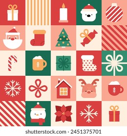 New Year's geometric background with cute faces of Santa, deer, white bear and snowman, traditional Christmas elements and graphics. Vintage mosaic. Winter icons in tiles. Vector Xmas illustration